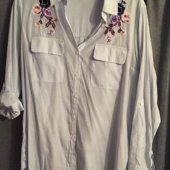 Express The City Striped Floral Embroidered Button Down Shirt - Picture 8 of 16
